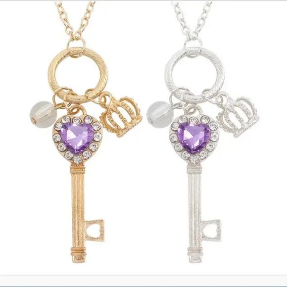 Silver Key Charm Necklace Purple Crystal - Picture 6 of 10
